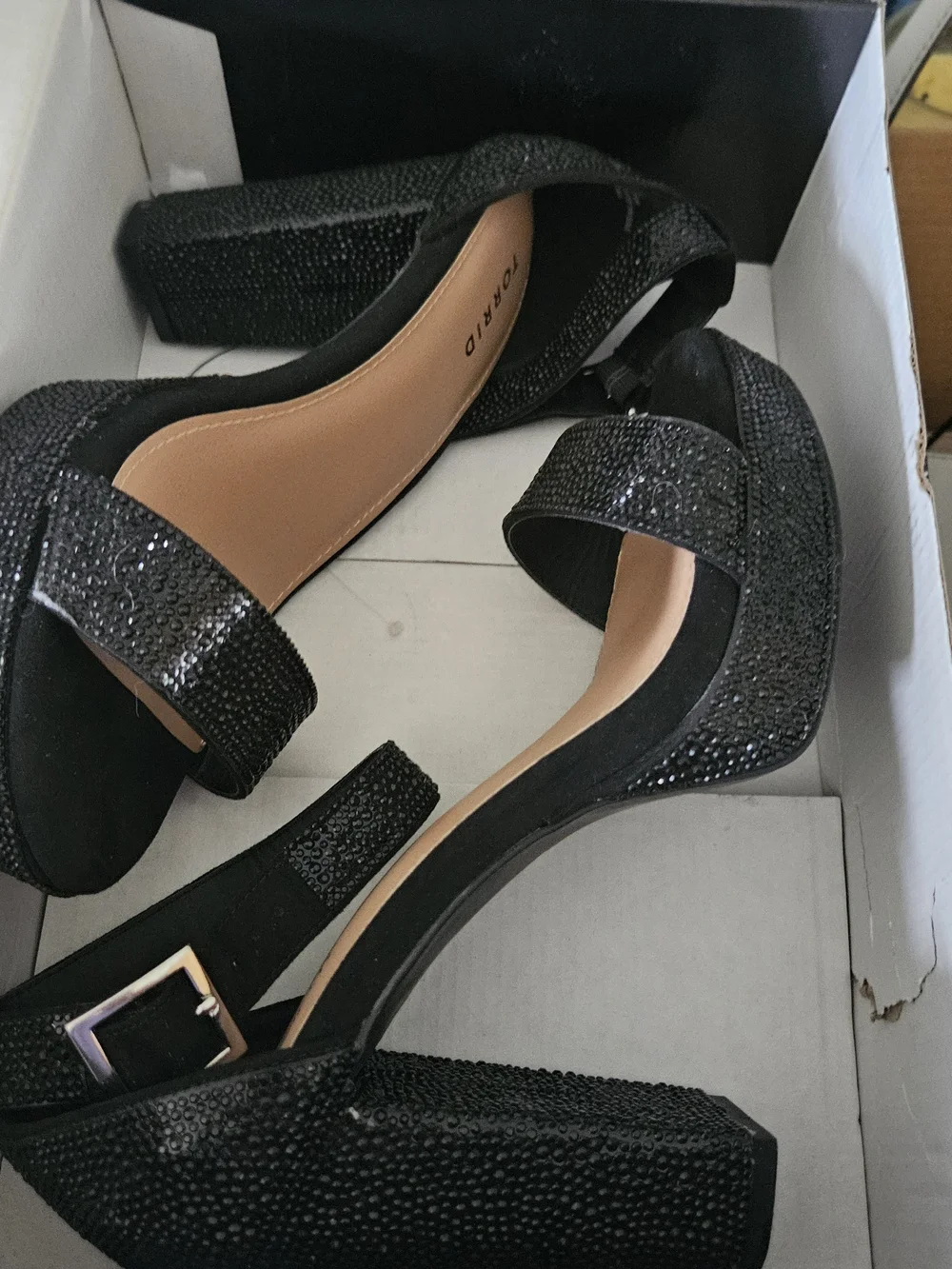 Black Glitter Block Heel Sandals with Ankle Strap